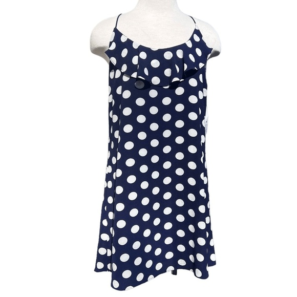Lucy Love Dresses & Skirts - Lucy Love Shift Dress Womens Size Medium Navy Polka Dot Ruffle Racerback NWT